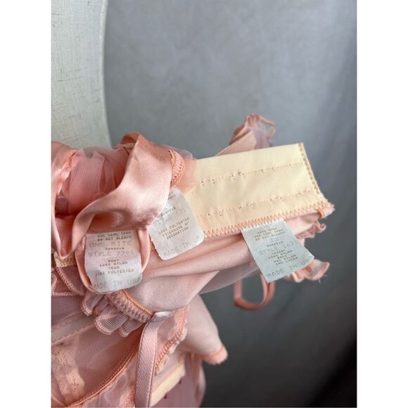 Vintage Under Bust Corset Lingerie Set 4pc Sheer Pink Ruffle Robe 90s RARE XS S - Picture 7 of 10